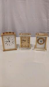 Brooks Brothers West Germany Quartz Brass Mantel Clock + 2 Carriage Style Clocks Chester Gold