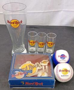 Hard Rock Cafe 4 Collectable Glassware Set, Golfball & Divit Fixer & 2 Collectable Baseballs Lot