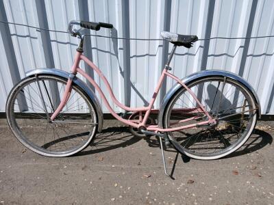 Vintage Pink Step-Through Cruiser Bicycle, 26" Wheels, Coaster Brake, Chrome Fenders, Single-Speed