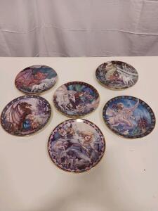 Set of 6 Fantasy Collector Plates, Gold Trim, 8" Porcelain, "Believe" "Imagine", Fairy Tale Scenes