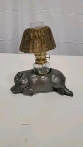 Novelty Figural Pig Oil Lamp with Removable Wicker Shade, Glass Reservoir & Chimney