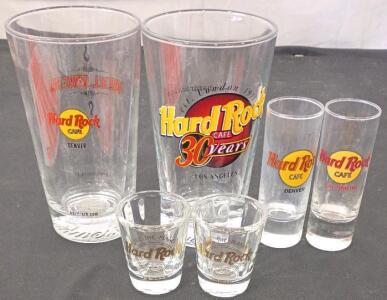 Hard Rock Cafe Collector 6 Glass Set: Denver, Los Angeles, La Jolla, Baltimore, Anniversary Edition