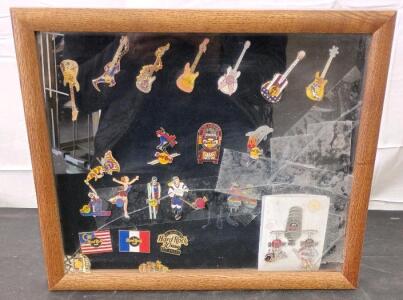 Framed Hard Rock Cafe Pin Collection &ndash; 28 Assorted Pins (Millennium 2001, Olympics, Rare Locations)