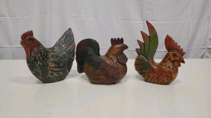 Set of 3 Hand-Carved Wooden Rooster and Hen Figurines, Painted Folk Art, 10" Tall