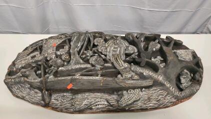 Hand-Carved Wooden River Village Panel with Canoe, Crocodile, Figures &ndash; 40" Folk Art Relief
