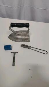 Vintage Lot: Sad Iron, Safety Razor, Blade Sharpener Clamp, Blade Storage Box, Patent Marked