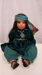 Porcelain Collectible Doll, 24" Tall, Green Velvet Outfit, Black Hair, Brown Eyes