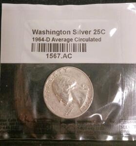 1964-D Washington Silver Quarter, 90% Silver, Denver Mint, Average Circulated, 1567.AC