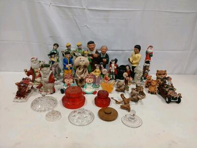 Vintage Figurine & Glass Candy Dish Lot &ndash; Raggedy Ann & Andy, Red Glass, Holiday Decor