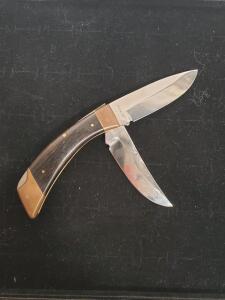 Browning 3018F2 Folding Hunter Knife, Japan, 2 Blades, Wood & Brass Handle, 8.5" Open