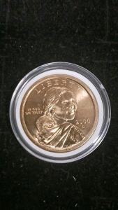 2000-D Sacagawea Dollar Coin, $1, Denver Mint, Manganese-Brass, Uncirculated, Encapsulated