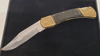 Frost Cutlery Lockback Folding Knife, 3.75" Stainless Clip Point, Engraved Brass Bolsters