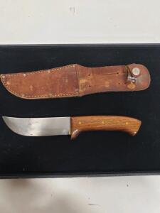 Vintage USA-Made Fixed-Blade Hunting Knife, 5" Carbon Steel Blade, Hardwood Handle, Leather Sheath