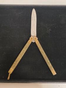 Ornate Brass Butterfly Knife, 9" Open Length, 4" Stainless Steel Spear Point Blade, Latch Lock