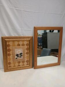 Framed S. Hely Floral Wall Art 28"x22" with Ornate Gold Frame & 30"x24" Wood Wall Mirror
