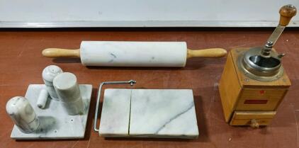 Vintage Zassenhaus Coffee Grinder, Marble Rolling Pin, Cheese Slicer & Condiment Set, Germany