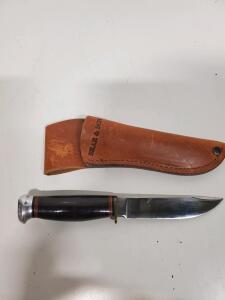 Vintage KA-BAR & SON Fixed Blade Hunting Knife, Leather Sheath, Stacked Leather Handle, USA