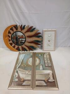 Sun & Moon Hand-Painted Wall Mirror, Bathroom Diptych, Fashion Framed Art Lot, Decorative Set