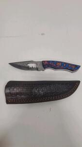 Custom Damascus Fixed Blade Knife, Bear Cutout, Multicolor Handle, Tooled Leather Sheath
