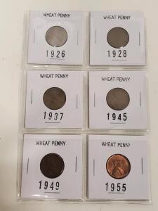 Lincoln Wheat Cent Collection - 1926, 1928, 1937, 1945, 1949, 1955 - Set of 6 U.S. Pennies Copper