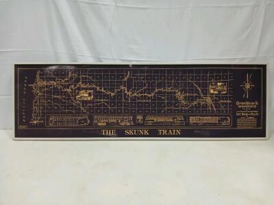 Framed California Western Railroad Skunk Train Route Map, Fort Bragg&ndash;Willits, 1983, 36" x 12"