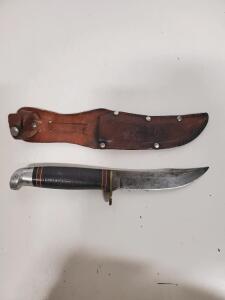 Vintage Ka-Bar 5-inch Fixed-Blade Hunting Knife, Stacked Leather Handle, Leather Sheath, USA