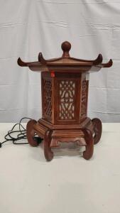 Pagoda Style Wooden Table Lamp with Intricate Carved Panels, Hexagonal Base, Max 15W Bulb