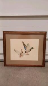 Robert Lougheed Hand-Signed Mallard Ducks Framed Print, 22"x18" Wood Frame, Wildlife Art