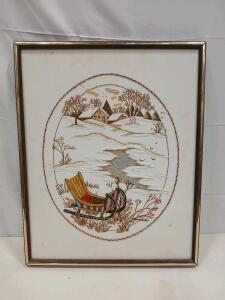 Framed Hand Embroidered Winter Landscape Art with Sled, 18"x22", Vintage Needlework Wall Hanging