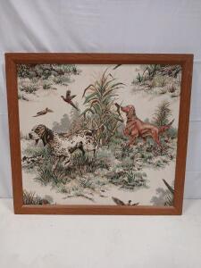 Framed Vintage Tapestry Hunting Dog and Pheasant Scene, Oak Frame, 36"x30" Wall Art