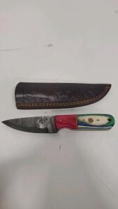 Custom Fixed Blade Damascus-Style Hunting Knife, 4" Blade, Mosaic Handle, Tooled Leather Sheath