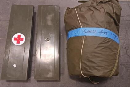 Military Medical Field Tent with (2) Storage Boxes 24"x8" x4" Tweedie Model, WWII Era, Olive Drab Canvas