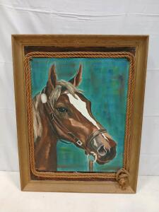 Framed Horse Portrait Painting, Rustic Western Style, Signed "LM", Rope Accent, 26"x32" Approx