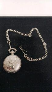 Silver Eagle Hunter-Case Pocket Watch with Chain, Arabic Numerals, Quartz Movement, 45mm Case
