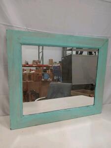 Rustic Rectangular Wall Mirror, Distressed Turquoise Wood Frame, Approx. 40"x28", Hanging Wire