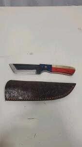 Custom Texas Flag Tanto Fixed Blade Knife, Damascus Pattern, Full Tang, Leather Sheath Included