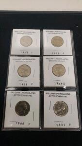 Six Brilliant Uncirculated Jefferson Nickels 1964&ndash;1981: P/D Mints, BU Condition, Monticello Reverse