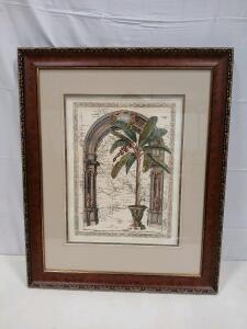 Elegant Framed Art Print with Palm and Classical Architecture &ndash; Double Mat, 24"x28", Wood Frame