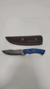Custom Fixed Blade Knife, Drop Point, Blue Resin Handle, Leather Sheath, Mosaic Pin, 8.5"