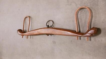 Antique Wooden Double Ox Yoke with Iron Center Ring, 42" Length, Original Rustic Farm Tool