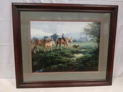 Framed Art Print Pastoral Scene with Horses, Child, Dog, Reddish Wood Frame, 36"x30" Approx