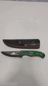 Custom Fixed-Blade Knife 8" with Shark Cutout, Dyed Wood Handle, Leather Sheath