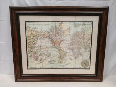 Framed "Map of the World" Vintage Style Wall Map, Wood Frame, Wire Hanging, Approx. 27"x33"