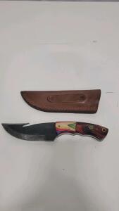 Custom Fixed Blade Hunting Knife, 4.5" Gut Hook Blade, Full Tang, Multicolor Handle, Leather Sheath