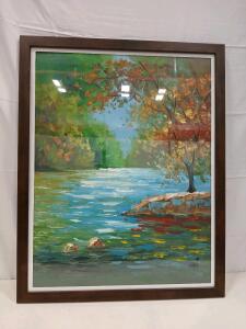 Signed "Ulei" Framed Landscape Painting, Oil or Acrylic, Impressionist River & Trees, 32"x28" Frame