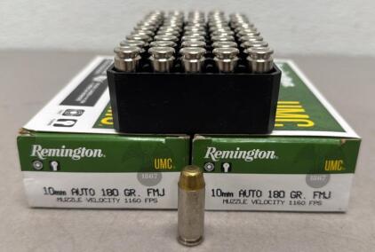 Remington UMC 10mm Auto 180gr FMJ, 100 Rounds, Nickel-Plated Brass, 1160fps