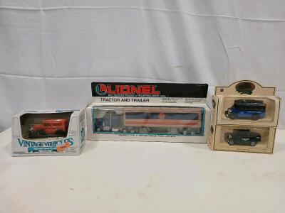 Lionel O Gauge Tractor-Trailer, ERTL 1932 Ford Truck, Chevron Lledo Model A Bus & Truck, Die-Cast, Boxed