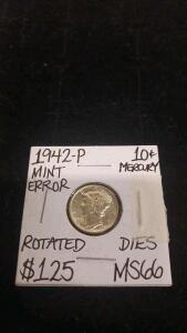 1942 Mercury Dime Rotated Dies Error, MS66 Grade, 90% Silver, Philadelphia, Carded