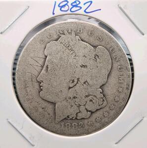 1883 Morgan Silver Dollar $1 Coin - 90% Silver, Liberty Head, Heavily Circulated