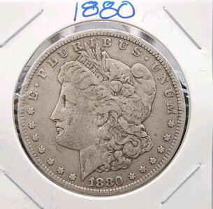 1880 Morgan Silver Dollar, Philadelphia Mint, Circulated, 90% Silver, $1 Coin